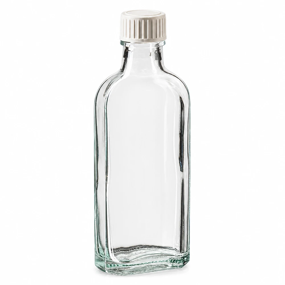 100 ml Meplat kirkas kierrekorkki, jossa PE-vaahtomuovisäke 100 ml:n Meplat-lasipullo, kirkas, valkoisella kierrekorkilla ja PE-vaahtomuovisisäkkeellä