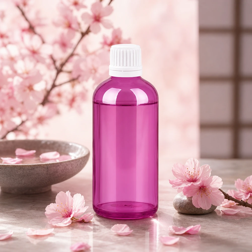 Tyhjä 100ml tippapullo läpinäkyvässä violetissa värissä, jossa on lapsiturvallinen korkki DIY-kosmetiikkaan.