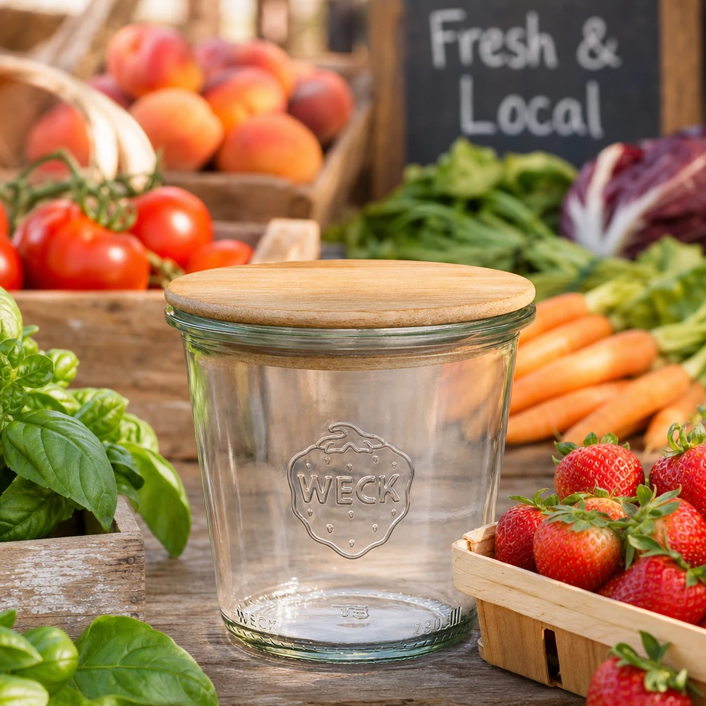 WECK säilytyspurkki 290ml RR80 puukannella tuoreiden hedelmien ja vihannesten välissä torilla Fresh Local