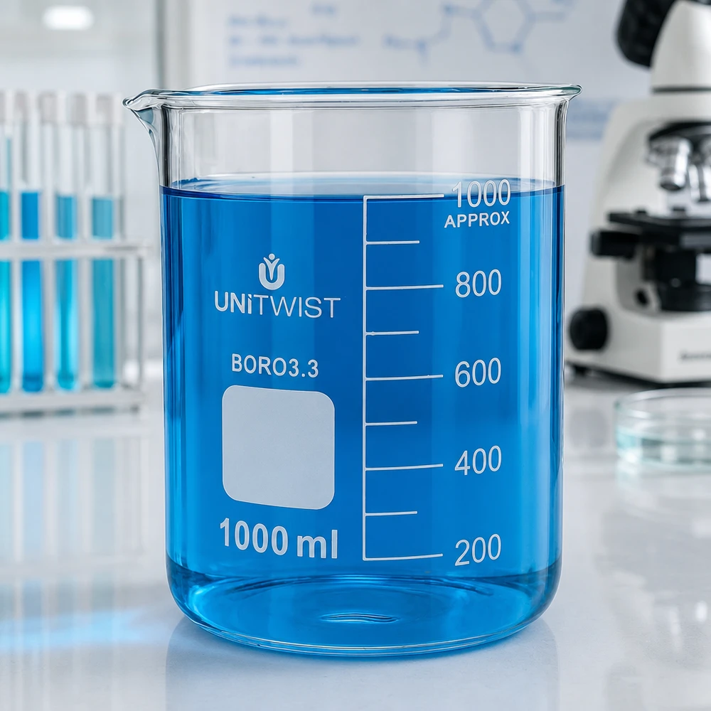 Lasi 1000ml borosilikaatti, matala muotti UNiTWIST UNiTWIST-lasikulho, 1000 ml, borosilikaattia, matala malli, jossa on sinistä nestettä laboratoriossa