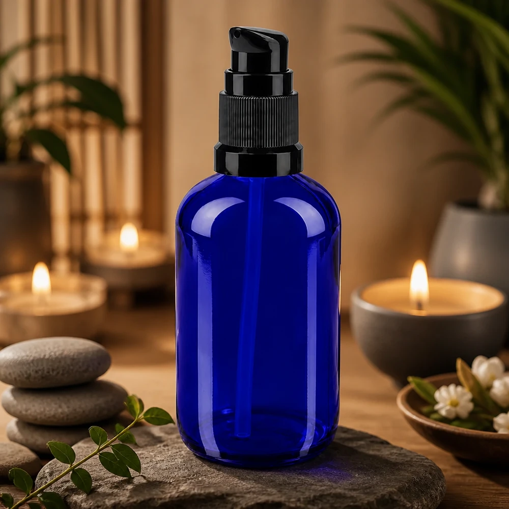 Sininen 100 ml:n pumppupullo apteekkilasista, jossa on musta annostelija, wellness-tunnelmassa