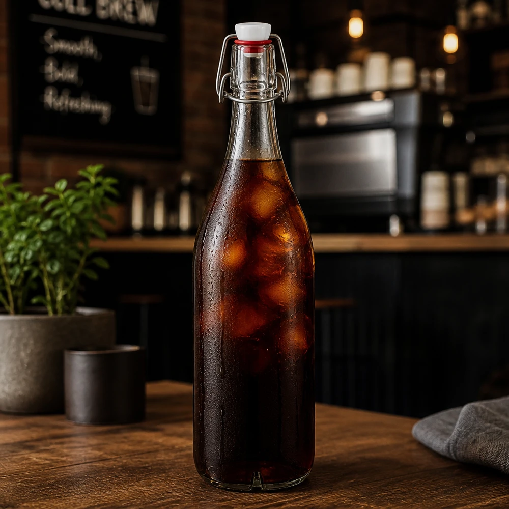 1000ml lasipullo + kiikkulasi PVC UNiTWIST UNiTWIST 1000ml Glasflasche mit Bügelverschluss gefüllt mit Cola-Getränk auf Holztheke in stilvoller Café-Atmosphäre