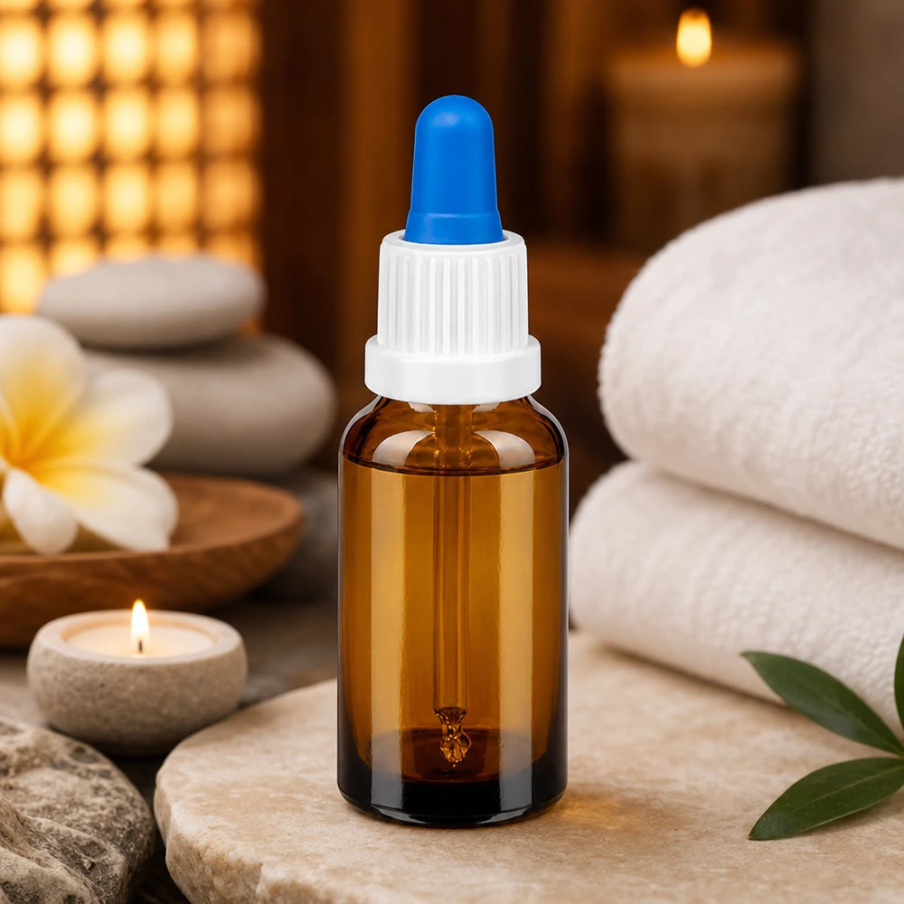 Kompakti 20ml pipettipullo BrownLine, jossa on tarkka sininen annostelukärki wellness-tuotteille
