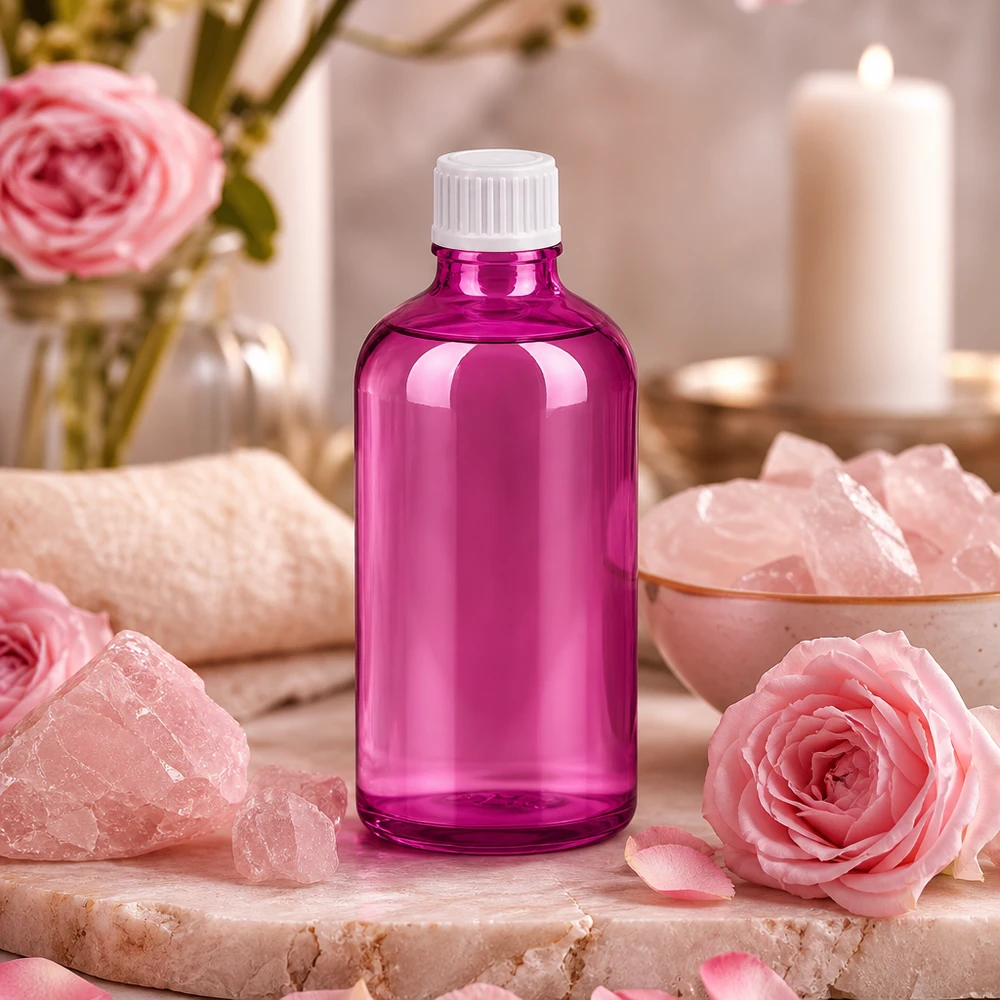 Korkealaatuinen 100ml tippapullo, jossa on tyylikäs violetti muotoilu ja ammattimainen valkoinen tippakorkki.