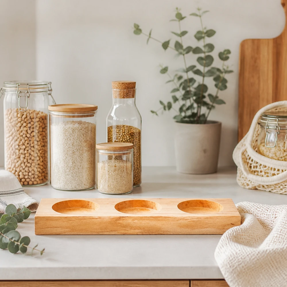 Tarjoilulauta Plano3, 3 WECK-lasille Servierbrett Plano3 aus Bambus auf weißer Arbeitsplatte mit Vorratsgläsern und eucalyptus Deko im skandinavischen Küchen