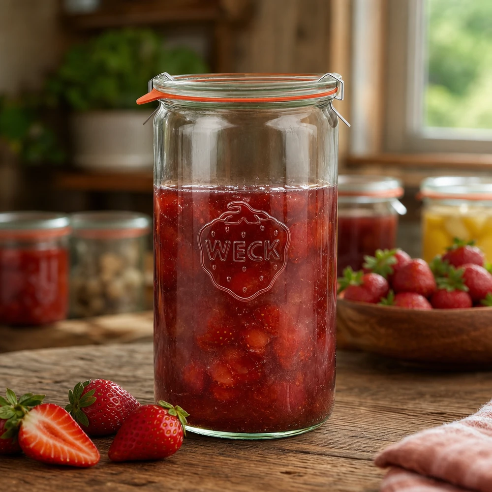 1590ml sylinteripurkki täydellinen WECK RR100 WECK-säilykepurkki 1590ml täynnä mansikkahilloa puupöydällä, taustalla tuoreita mansikoita.