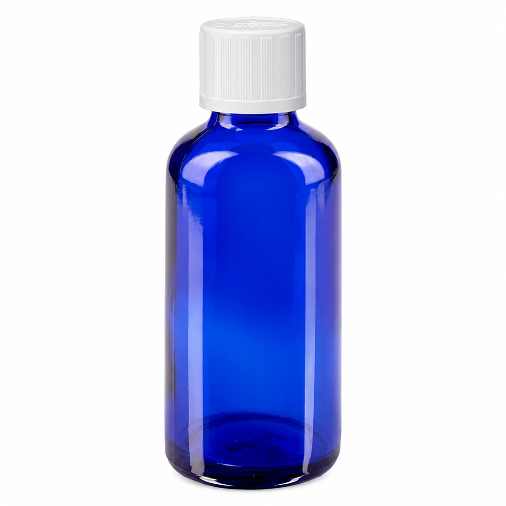 Apteekkipullo sininen 50ml kierrekorkki valkoinen lapsiturvallinen vakio 50 ml:n sininen lasinen apteekkipullo, jossa on valkoinen lapsiturvallinen korkki (11 mm)