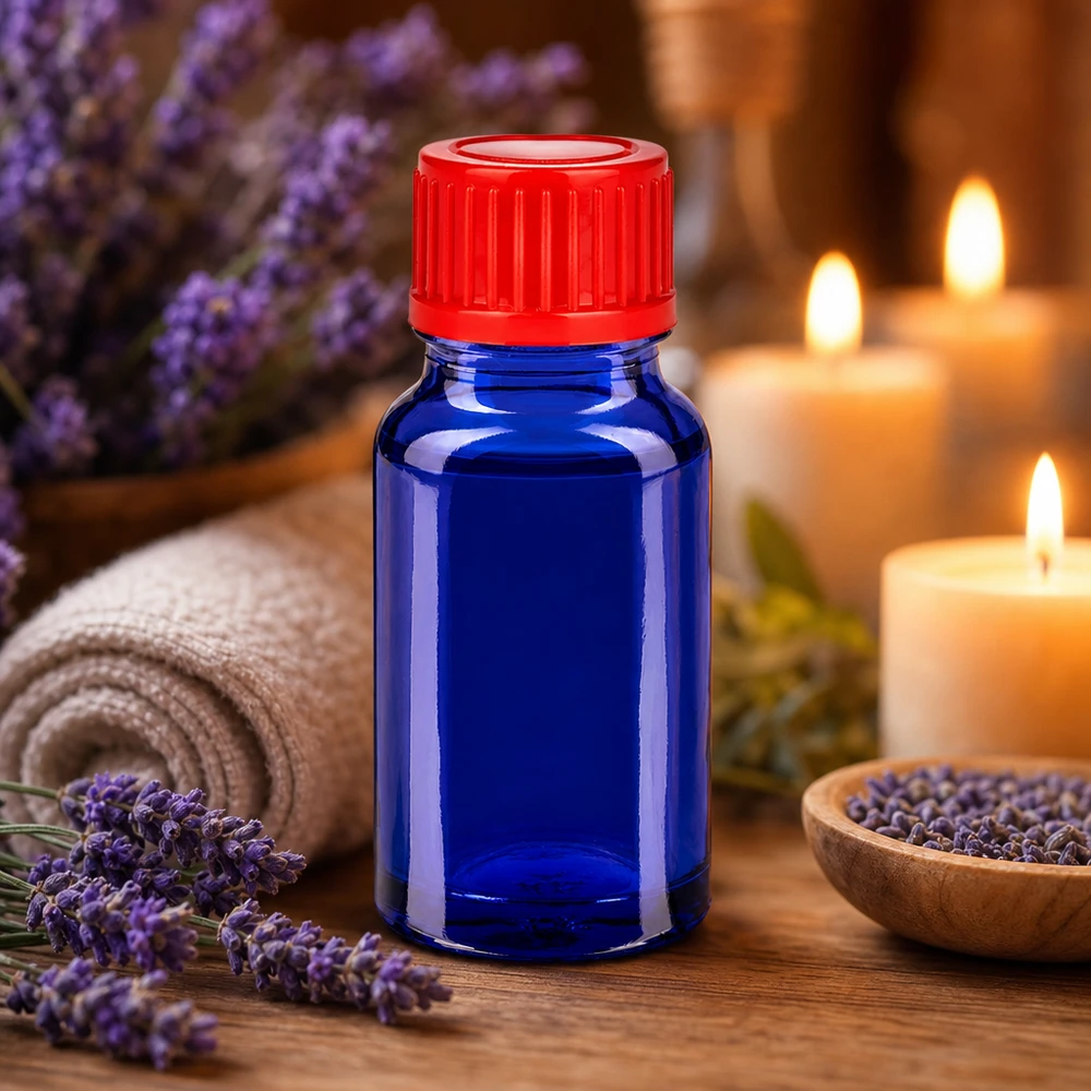 Pieni 10ml lasipullo sinisellä ja punaisella korkilla eteerisiä öljyjä ja aromaterapiaa varten.