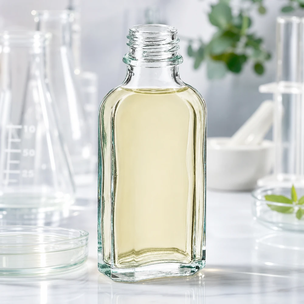 Litteä, 50 ml:n Meplat-pullo, läpinäkyvä, sisältö kellertävää, DIN22-kierrekierre