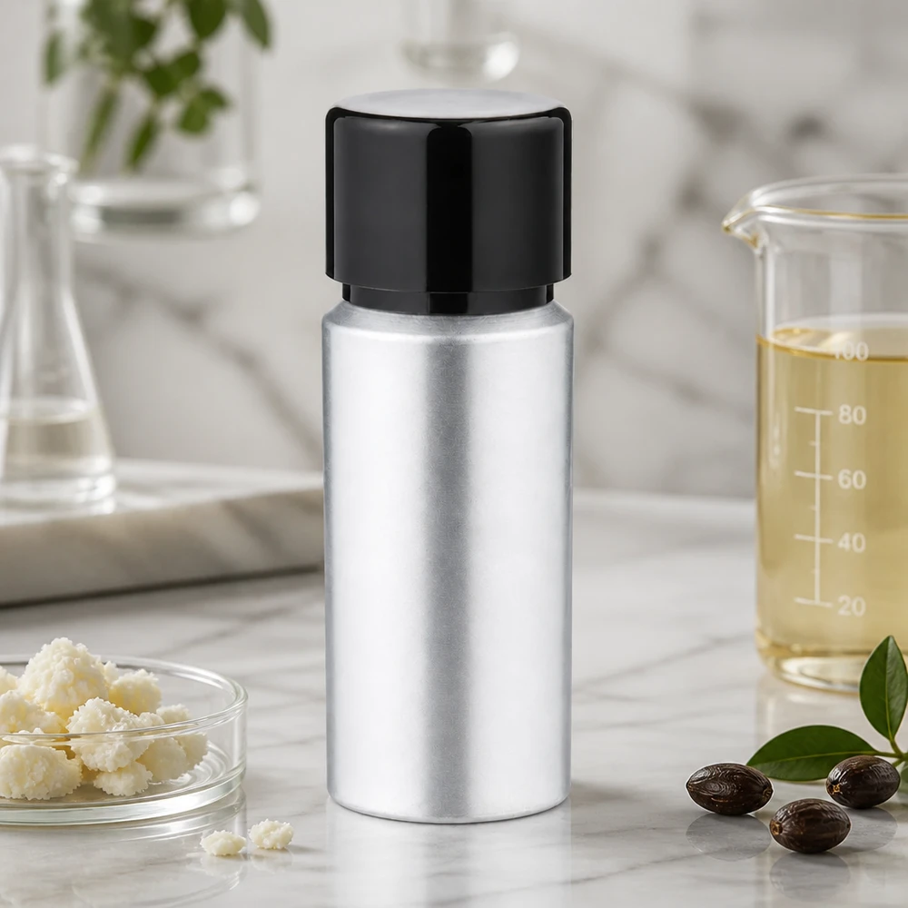 20ml peitattu alumiinipullo, jossa on kierrekorkki Hopeinen 20ml alumiinipullo mustalla korkilla - ihanteellinen kosmetiikalle ja eteerisille öljyille.