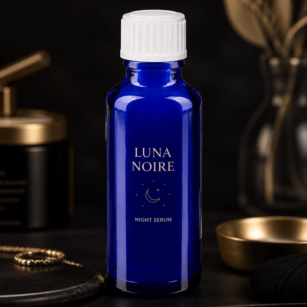 Luna Noire Night Serum koboltinsinisessä 30 ml:n apteekkipullossa, jossa on valkoinen kierrekorkki