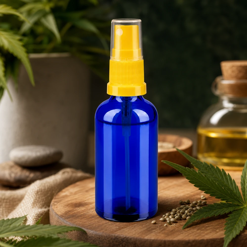 50ml suihkepullo keltainen/läpinäkyvä vakiokorkki BlueLine UT18/50 Vankka 50 ml:n suihkepullo UV-suojatusta kobolttilasista, jossa on käytännöllinen sumutin luonnonkosmetiikkaa varten.