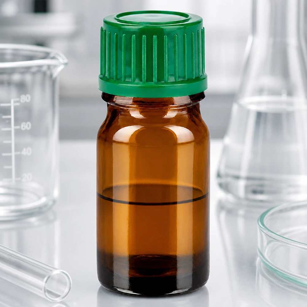5 ml:n laboratoriopullo, joka on valmistettu UV-suojatusta meripihkalasista ja jossa on turvallinen vihreä kierrekorkki.