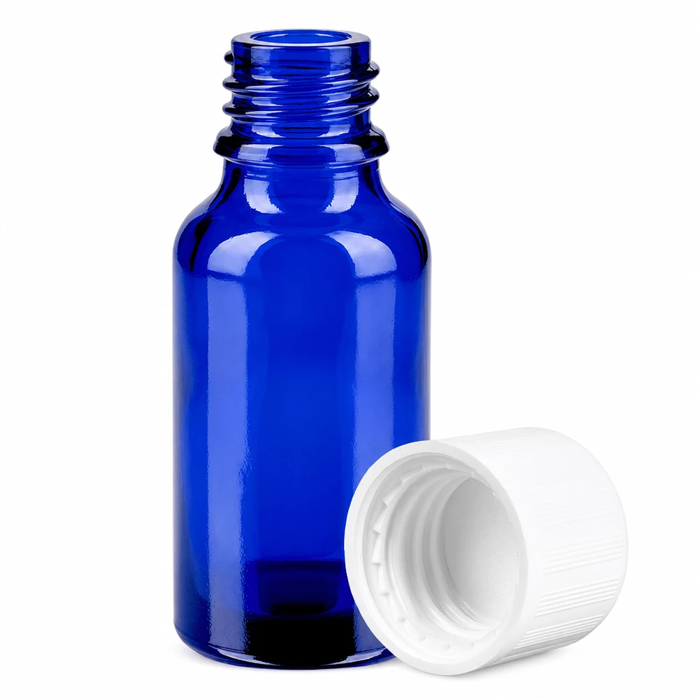 20ml koboltinsininen lasipullo, jossa on 11 mm:n kierre ja lapsiturvallinen korkki apteekkiin.