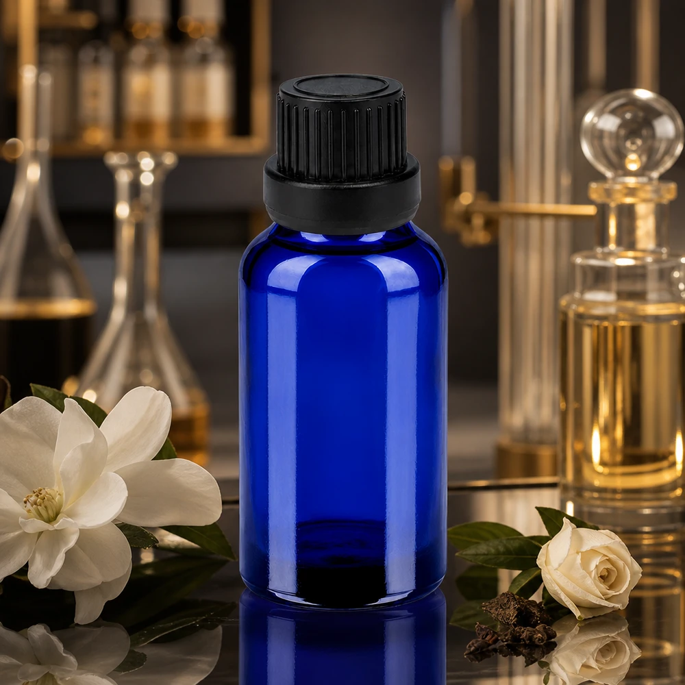 20ml pullo 11mm kierrekorkki musta tamper-evident korkki BlueLine UT18/20 Elegantti 20ml lasipullo koboltin sinisellä ja mattamustalla korkilla hajuvesiöljyille.