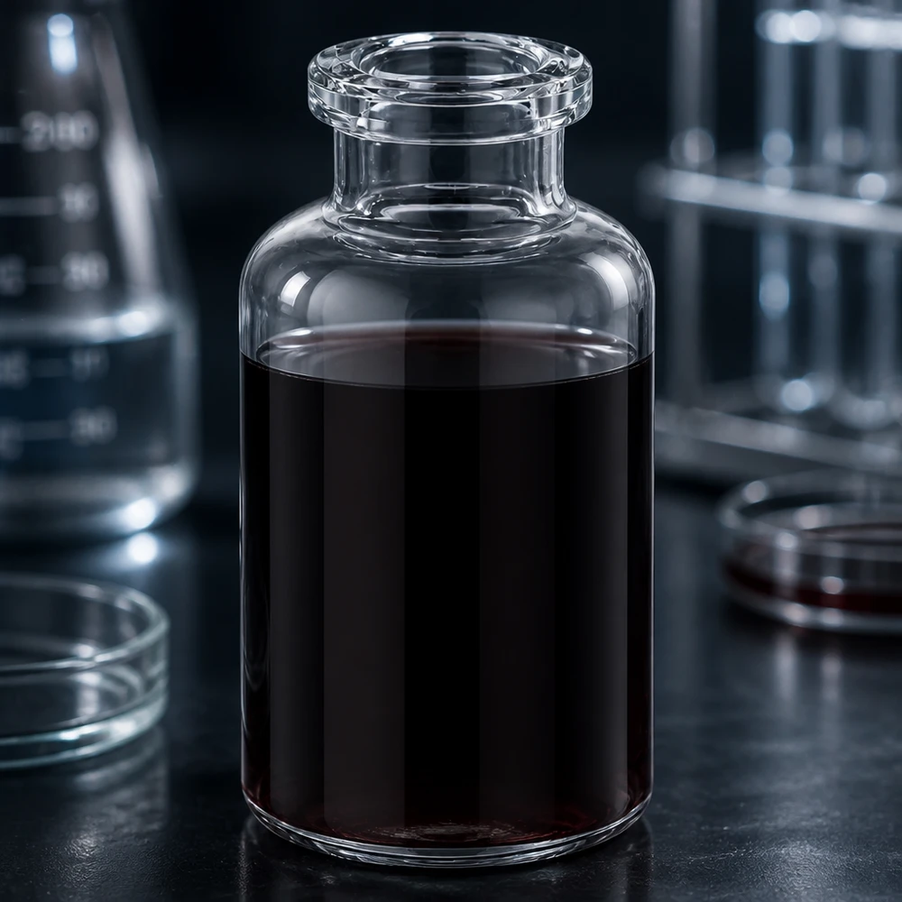 Injektiopullo kirkasta lasia 20ml Medizinische Klarglas Injektionsflasche 20ml mit dunkelbrauner Substanz in professioneller Laborumgebung