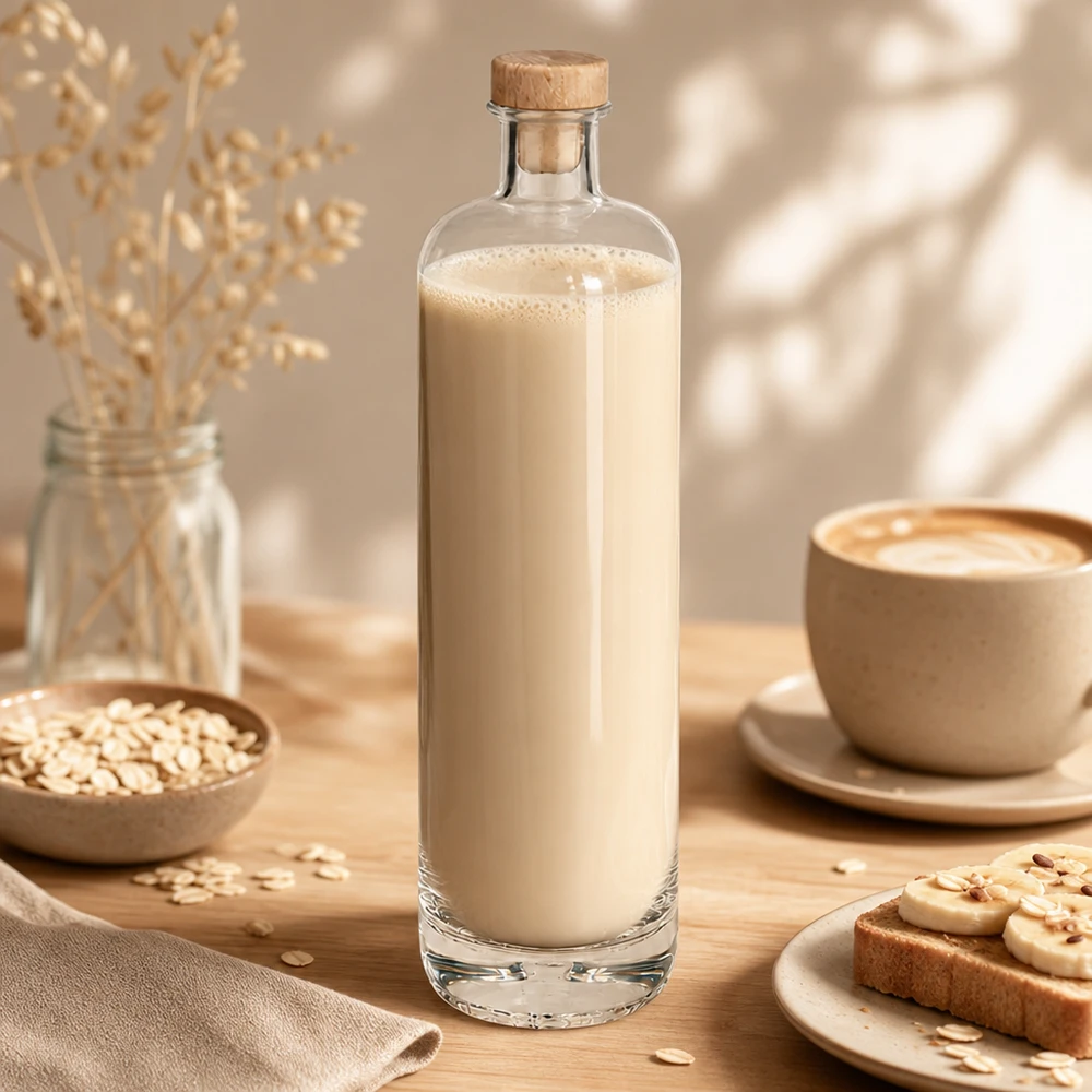 700ml Glasflasche "Eleganz" mit Holzgriffkorken UNiTWIST® 700 ml:n lasipullo Ellaa, jossa on kermainen kauramaitopitoisuus ja puukorkki viihtyisässä aamiaiskuvassa kaurahiutaleiden kanssa.