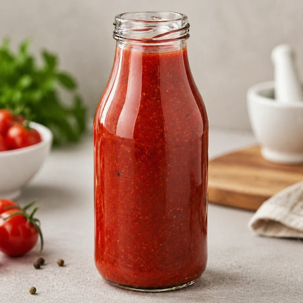 263ml pullo ilman kantta (TO43) UNiTWIST Elegante UNiTWIST Glasflasche 263ml mit roter Tomatensauce gefüllt in moderner Küche - perfekt für Saucen und Getränke