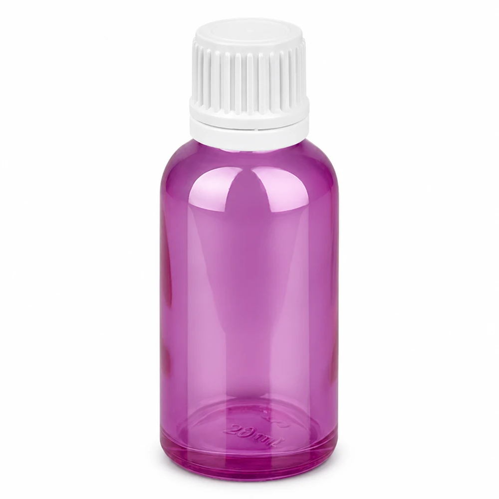 30ml violetti lasipullo valkoisella kierrekorkilla eteerisille öljyille ja kosmetiikalle.