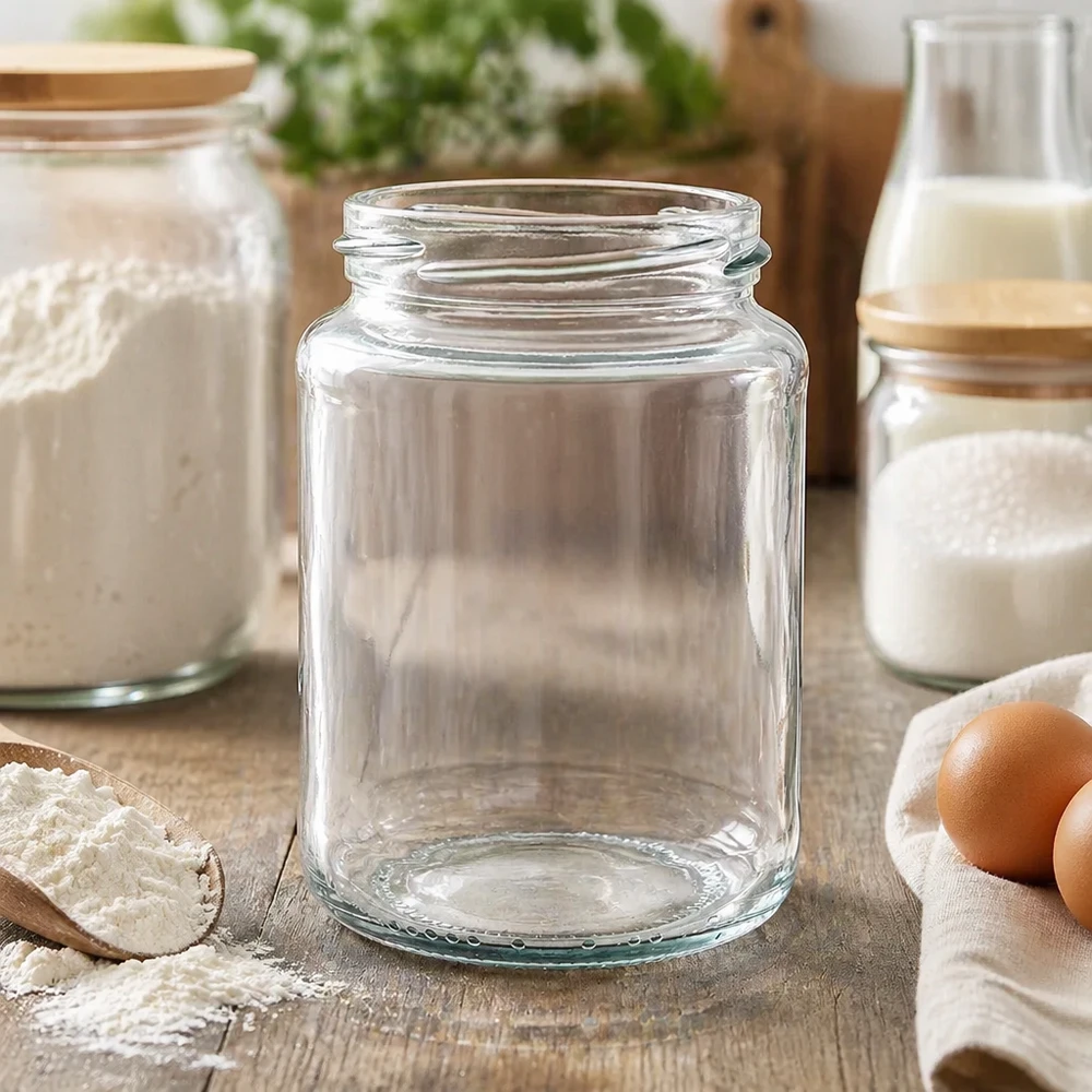 382ml pyöreä purkki ilman kantta (TO66) UNiTWIST UNiTWIST Runda382 pyöreä purkki 382ml TO66 tyhjä säilöntätölkki puupöydällä, taustalla keittiövälineet ja kananmunat