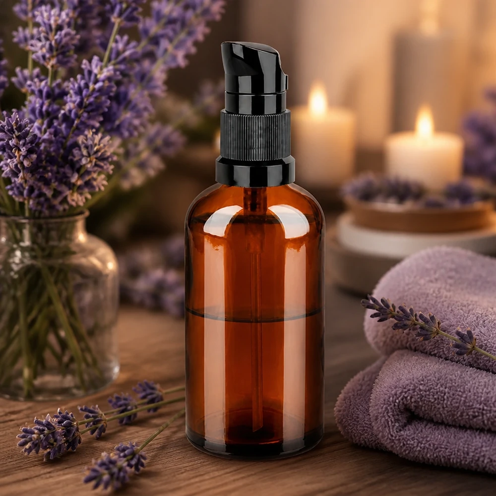 Tyylikäs 100 ml:n pumppupullo ruskealla värillä ja mattamustalla pumppupäällä aromaterapiasovelluksiin.