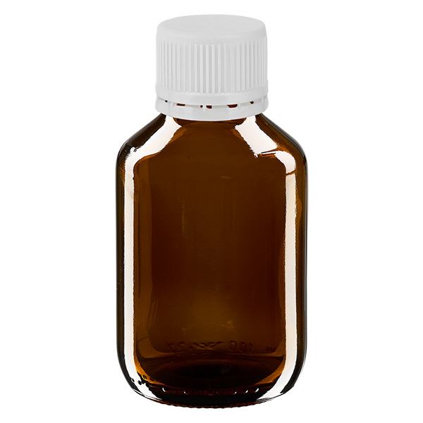 100ml lääkepullo ruskea, valkoinen korkki, jossa on peukaloinnin varmistava rengas ApoGlas 100ml lääkepullo ruskea, valkoinen korkki, jossa on peukaloinnin varmistava rengas ApoGlas