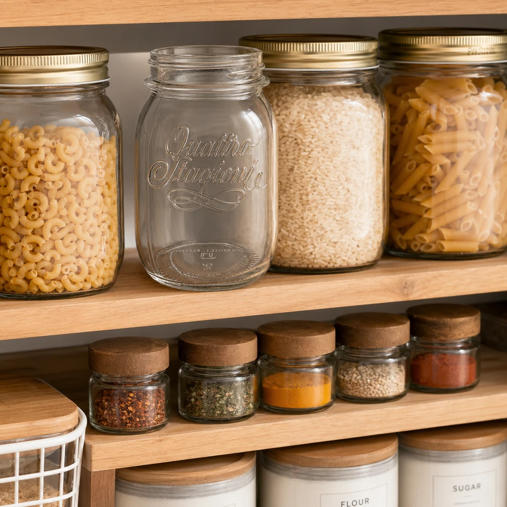 500ml pyöreä lasi "Quattro Stagioni" QS70mm QS70mm Quattro Stagioni 500ml Vorratsglas in organisierter Küchenpantry mit Pasta Reis und Gewürzen für stilvolle Aufbewahrung
