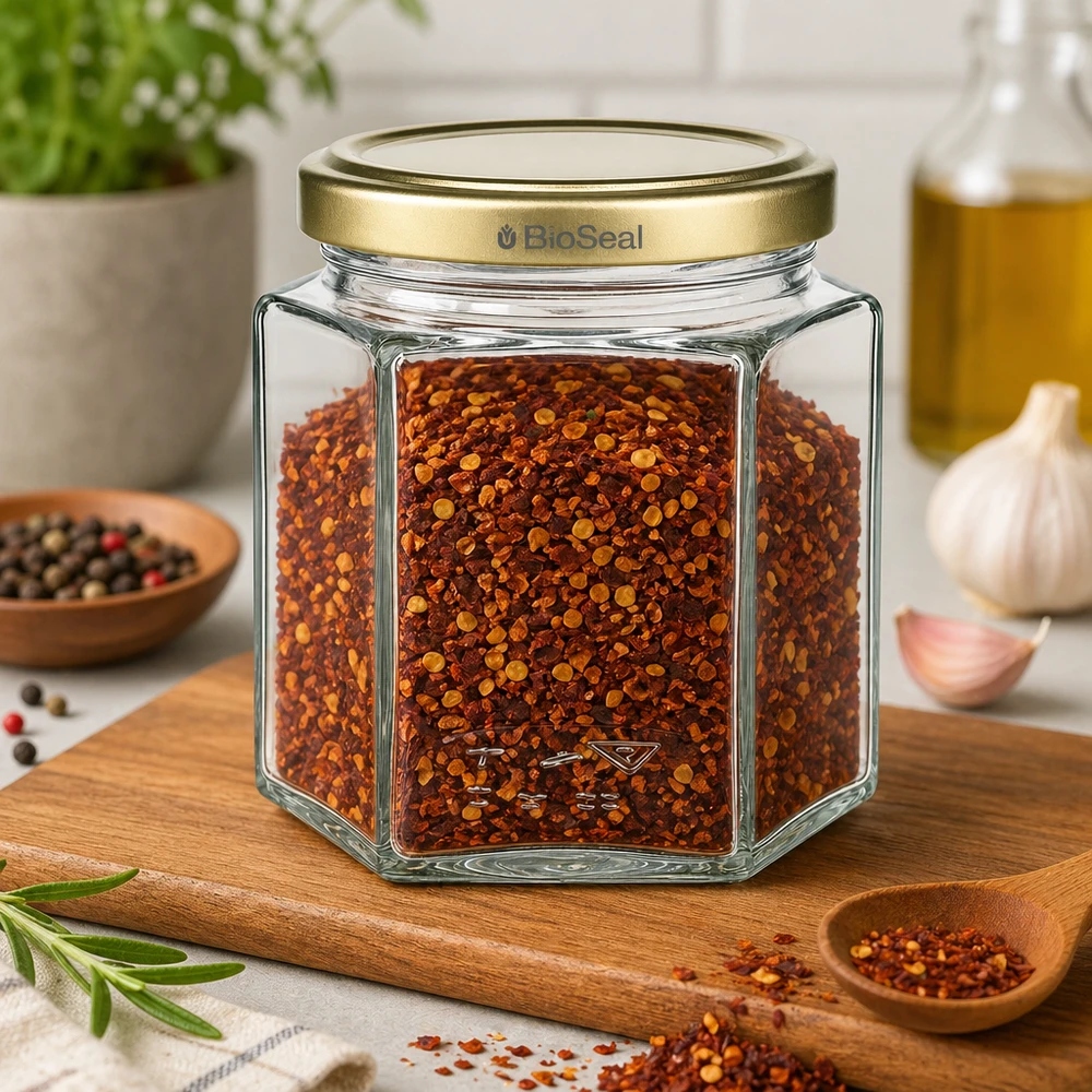 520g Honigglas mit goldenem Deckel BioSeal UNiTWIST Chilihiutaleilla täytetty 520 g:n BioSeal-hunajapurkki osoittaa monipuolisen käytön mausteille ja säilytykseen.