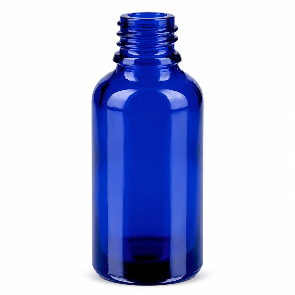 30ml lasipullo sininen tiputuskorkilla 0.8mm eteerisille öljyille ja kosmetiikalle.