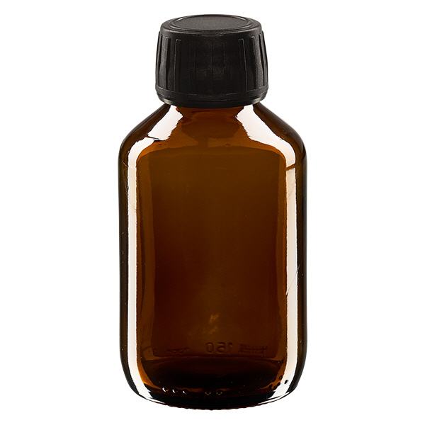 150ml lääkepullo ruskea, musta korkki, jossa peukaloinnin varmistava rengas ApoGlas
