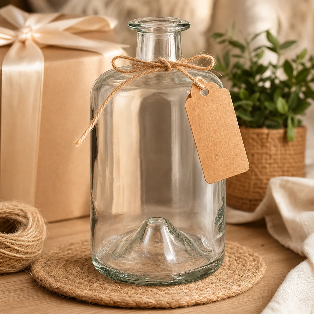 500ml Apothekenflasche "Classic" ohne Verschluss UNiTWIST® 500ml Glasflasche Sofia mit Kraftpapier-Anhänger Geschenkverpackung Dekoration Bastkorb Jute-Untersetzer vintage