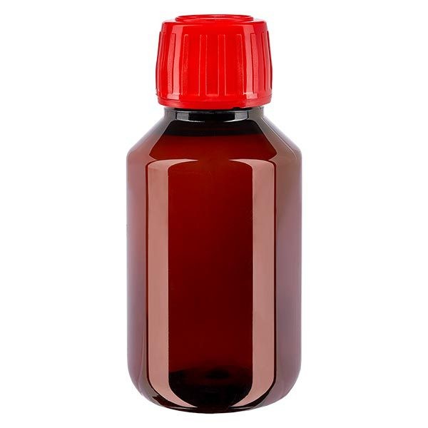 PET-pullo 100ml, jossa on punainen väärentämisen estävä korkki. PET-pullo 100ml, jossa on punainen väärentämisen estävä korkki.