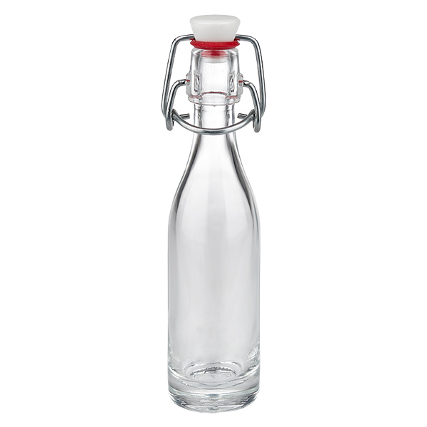 50ml lasipullo kääntyvällä korkilla PVC UNiTWIST - pieni pullo, jossa on metalliklipsi ja valkoinen korkki.