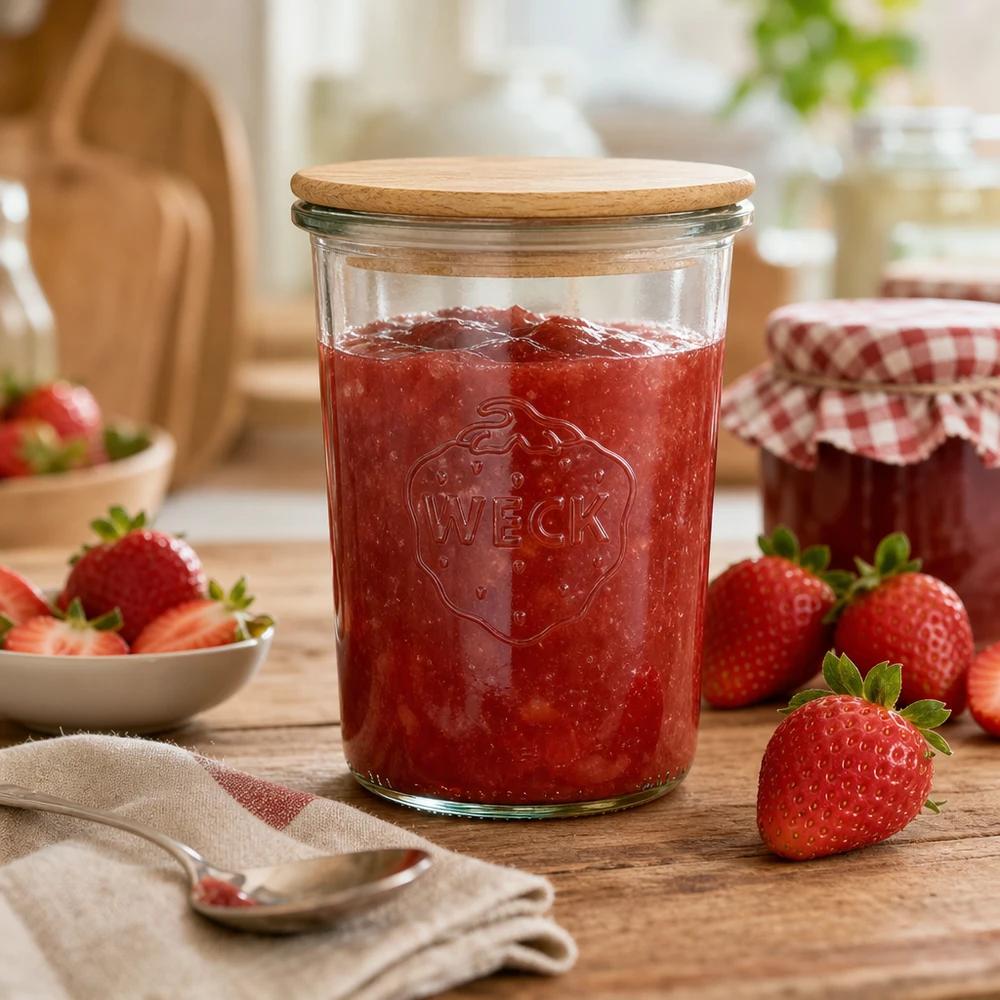 850ml WECK RR100 juomapullot puukannella 850ml WECK säilöntätölkki 850ml täynnä mansikkahilloa puinen kansi keittiö kohtaus tuoreet mansikat koristelu
