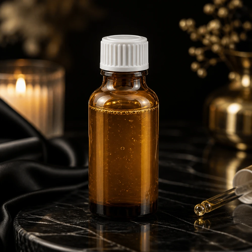 Ruskea 20 ml:n lasipullo, jossa on valkoinen lapsiturvallinen korkki, mustalla marmorilla