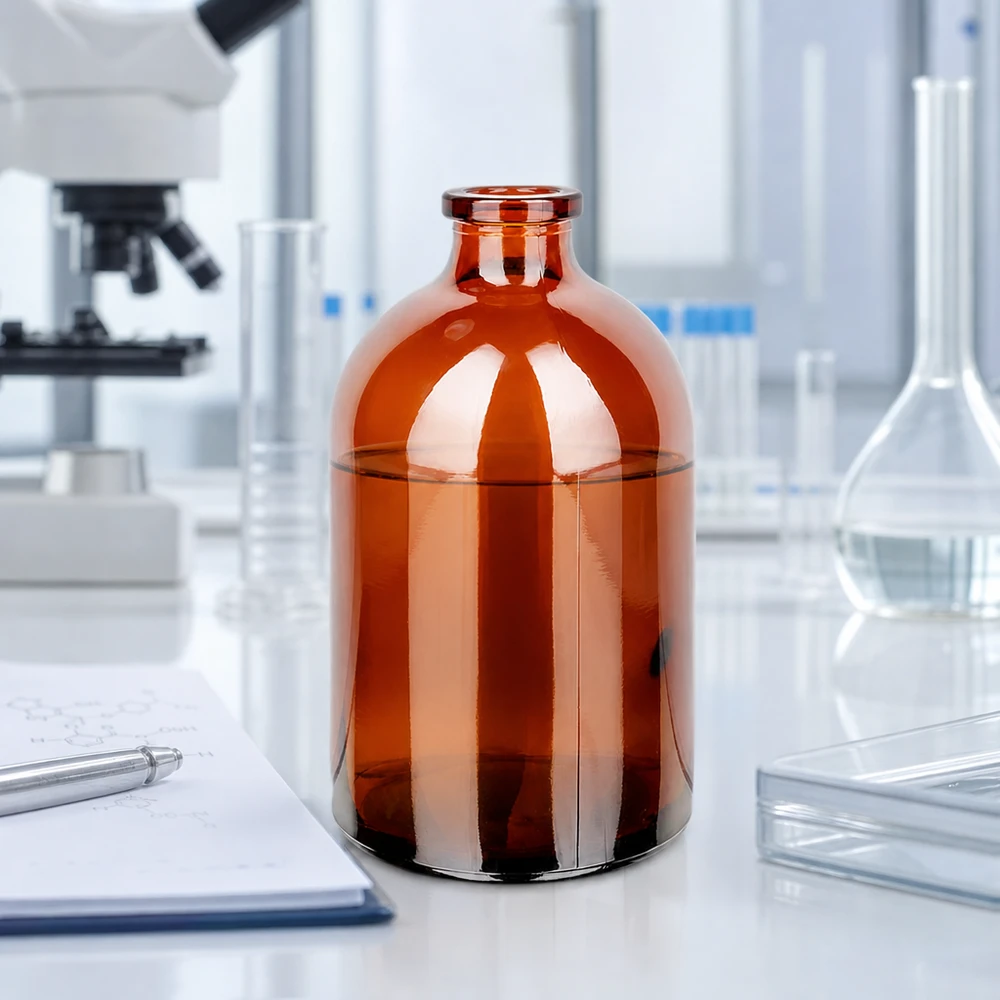 Injektiopullo meripihkalasista 100ml Lichtgeschützte Injektionsflasche 100ml aus Braunglas mit transparentem Trichter und Petrischale