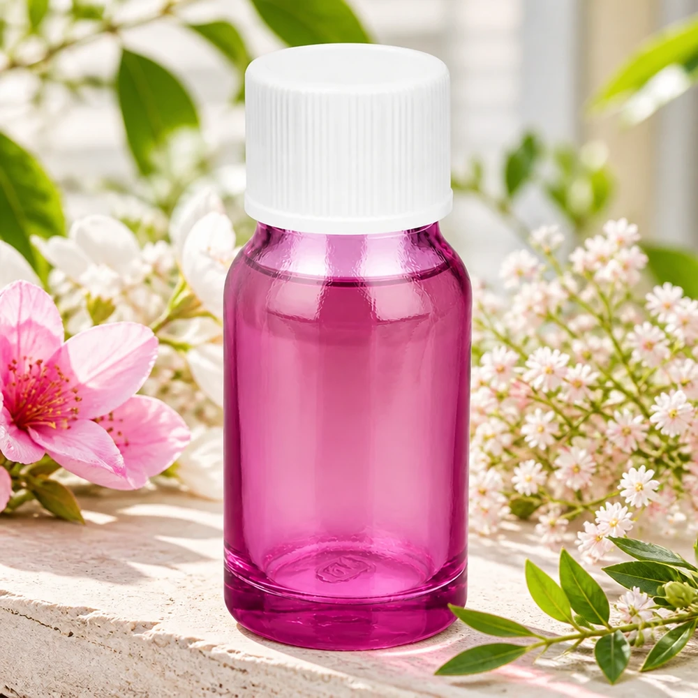 10ml pullo on valmistettu korkealaatuisesta violetista lasista, jossa on valkoinen kierrekorkki tarkkaa annostelua varten.