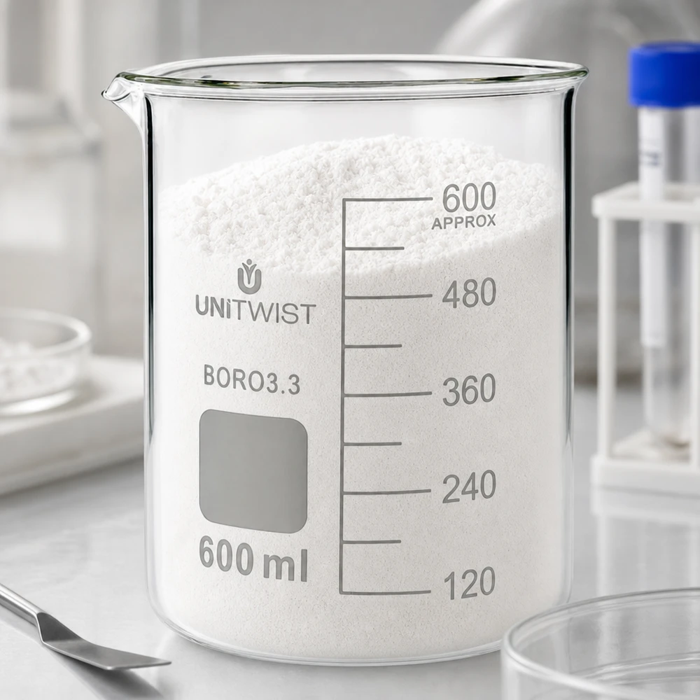 600 ml borosilikaattilasi, matala muotti UNiTWIST UNiTWIST-mitta-astia 600 ml, täytetty valkoisella jauheella yli 600 ml:n merkinnän yli, borosilikaattilaboratorio