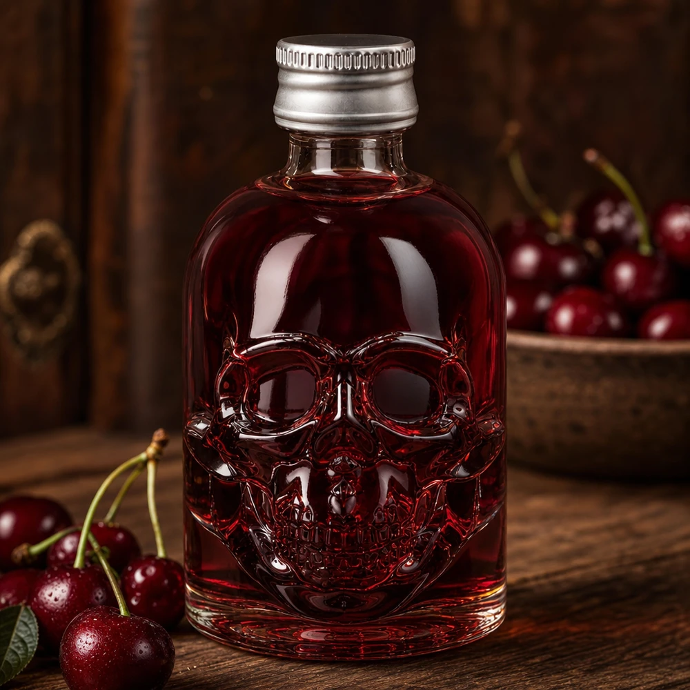 50ml Hector-lasipullo, jossa on punaista kirsikkanestettä ja hopeinen korkki tuoreiden kirsikoiden välissä puupöydällä.