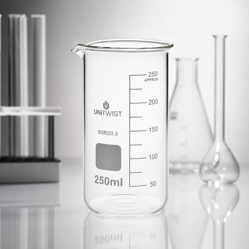 Lasi 250ml borosilikaatti, korkea muotti UNiTWIST UNITWIST-mitta-astia, 250 ml, korkea malli, borosilikaattilasia, mitta-asteikolla, Erlenmeyer-pullon vieressä laboratoriossa