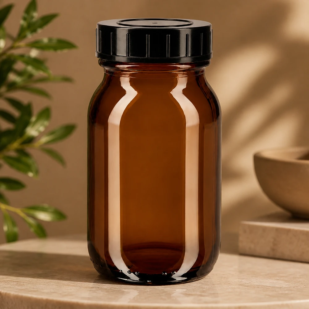 100ml leveäkaulainen meripihkainen pullo, jossa on kierrekorkki. 100ml apteekkipullo, joka on valmistettu UV-suojatusta meripihkalasista ja jossa on tiivis musta kansi.