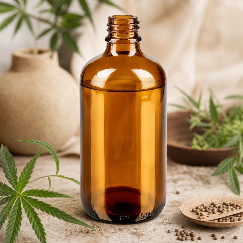 100ml ruskea Apteekkipullo ApoGlas, jossa on kannabiksen hamppukasveja ja korianterin siemeniä puupöydällä.