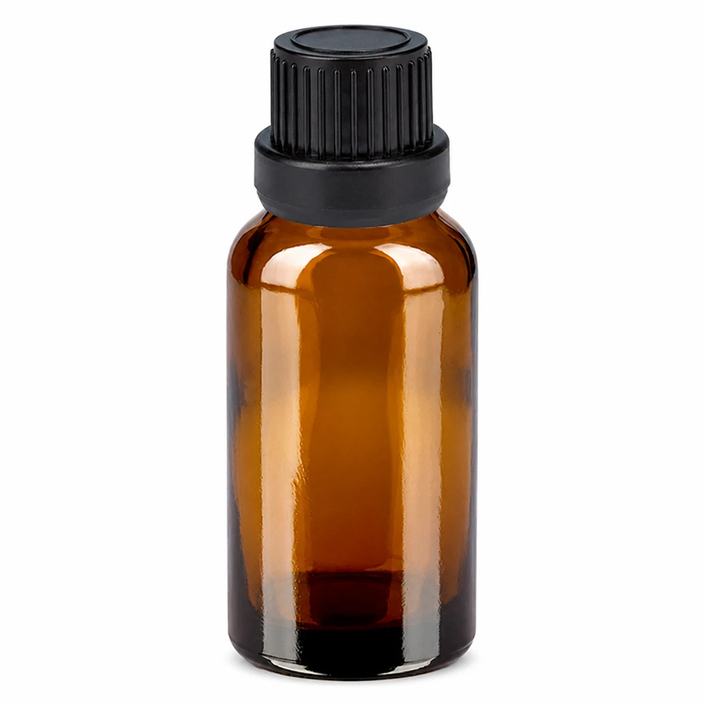 20ml tippapullo ruskea, musta korkki eteerisille öljyille ja tinktuureille.