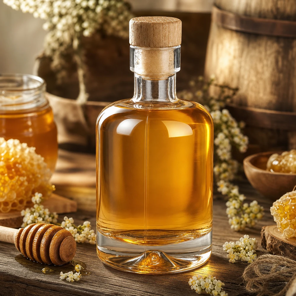 50 ml:n Amelie-lasipullo täynnä hunajaa, jota ympäröivät hunajakennomaiset hunajadipperit ja maalaismaiset kuivatut kukat.