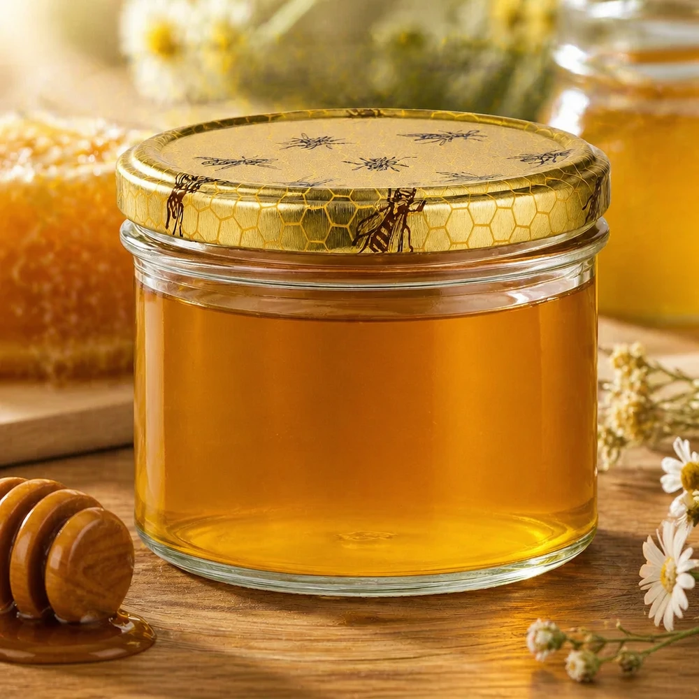 250g Honigglas mit Bienenwabe Deckel BasicSeal UNiTWIST 250 gramman hunajapurkki, jossa on hunajakennokansi ja joka on täytetty kultaisella hunajalla hunajalusikan ja kamomillakukkien vieressä.