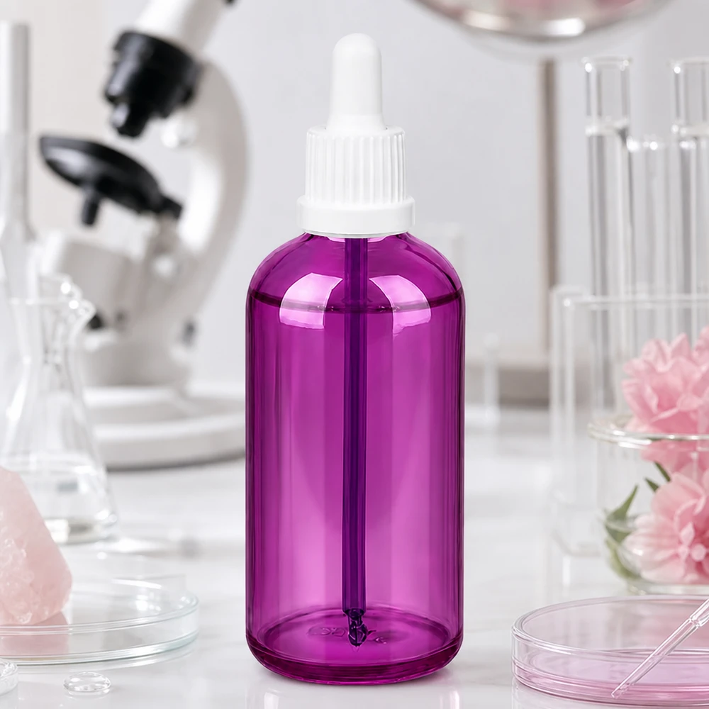 Läpinäkyvä violetti tippapullo 100ml, jossa on valkoinen korkki nesteiden tarkkaa levittämistä varten.