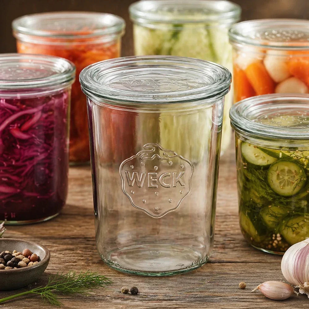 850 ml:n lasipurkki lasikannella, WECK RR100 WECK Sturzglas 850ml RR100 mit eingelegtem Gemüse und Gewürzen zeigt Einmachen und Fermentieren im Haushalt