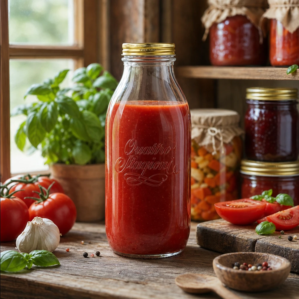 1000ml lasipullo "Quattro Stagioni", jossa on kansi. Quattro Stagioni 1000ml lasipullo täynnä tomaattikastiketta maalaismaisemassa tuoreista tomaateista ja yrteistä.