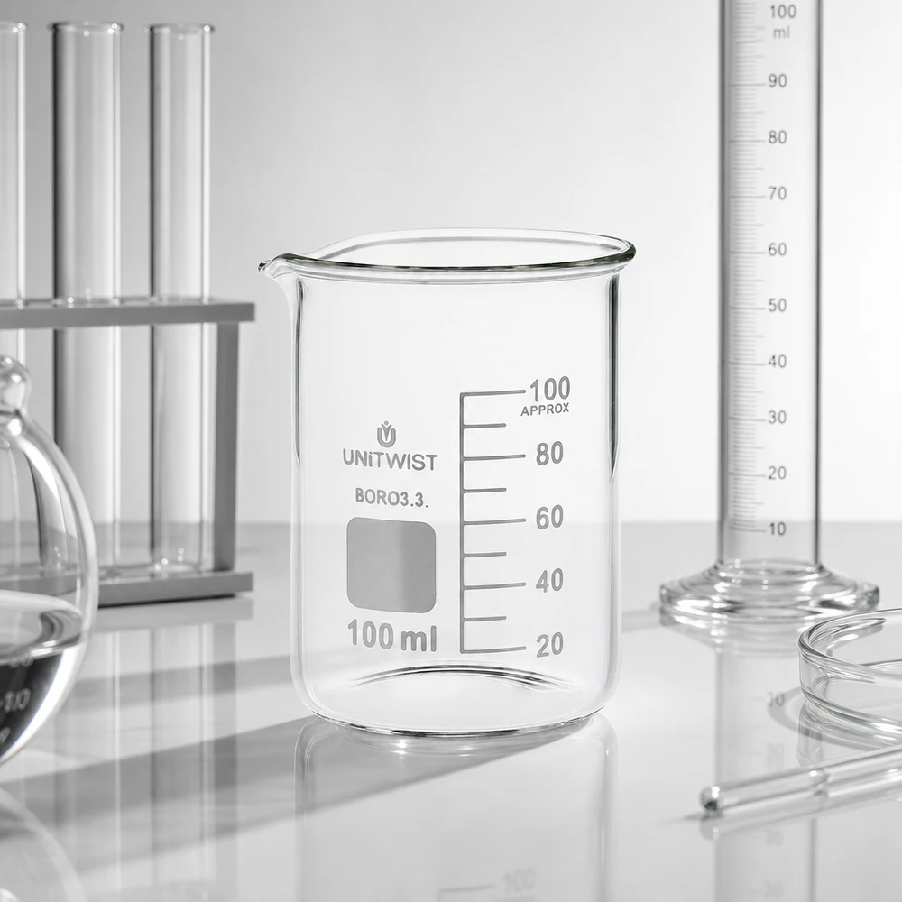 Tyhjä 100 ml:n borosilikaattilasi (3.3), matala malli, millilitrimittakaavalla, laboratoriokäyttöön