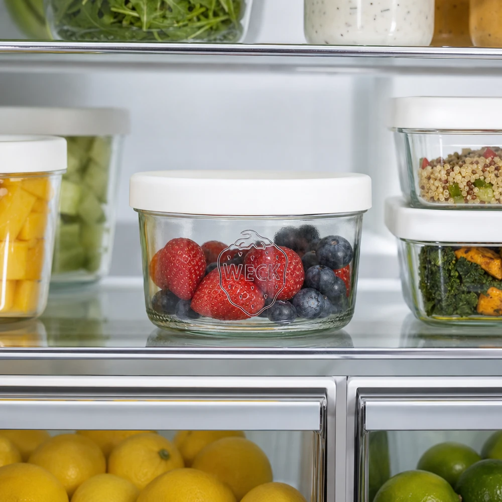 WECK 165ml RR80 tumblereissa valkoisella silikonikannella, jotka on täytetty marjoilla avoimessa jääkaapissa säilytyspurkkien vieressä.